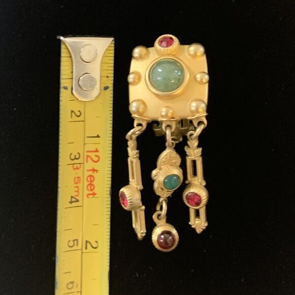 Vintage Natasha Stambouli Gemstone Matte Gold Plated Dangle Clip On Earrings - Picture 6 of 6